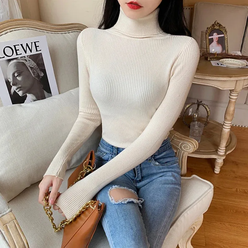 2024 Autumn Winter Women Long Sleeve Knitted Foldover Ribbed Pull Soft Warm Sweater