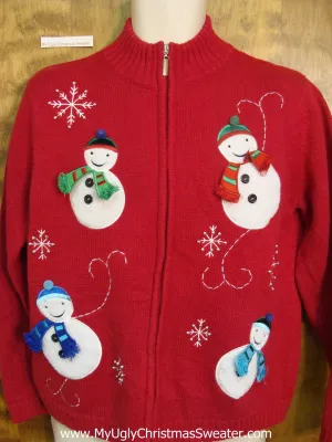 3D Scarfs on Snowmen Ugliest Bad Christmas Sweaters