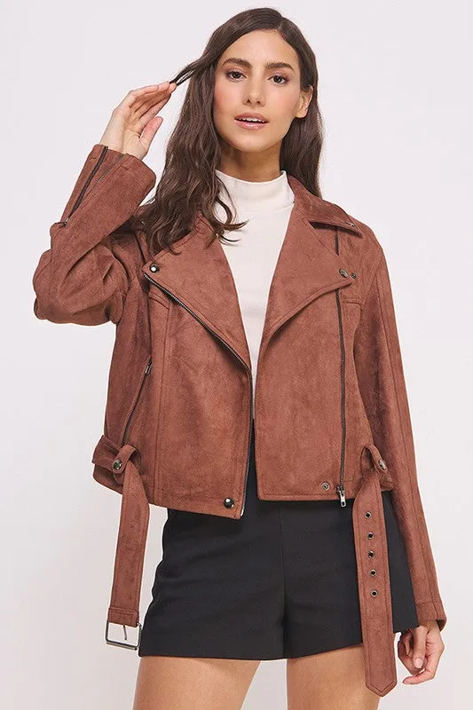 Belted Long Sleeve Zippered Suede Moto Jacket