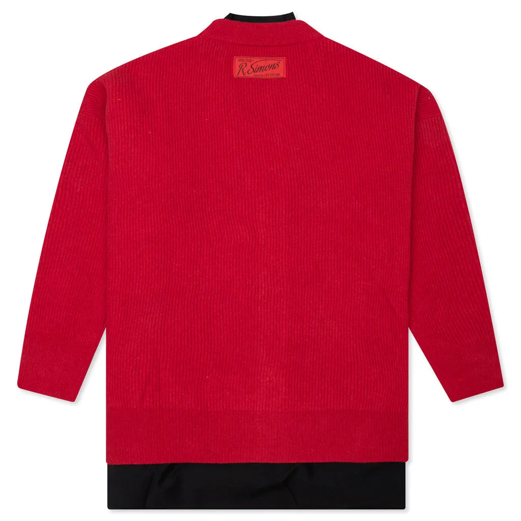 Big Ribbed Knit Cardigan With Fabric Lining - Red