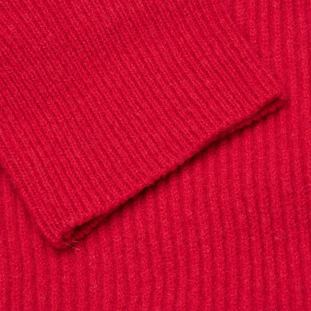 Big Ribbed Knit Cardigan With Fabric Lining - Red