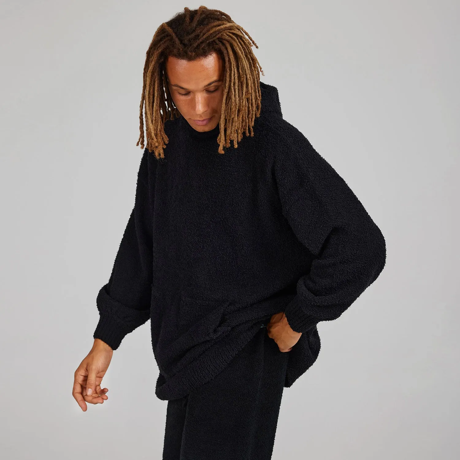 Black Oversized Boucle Knit Hoodie