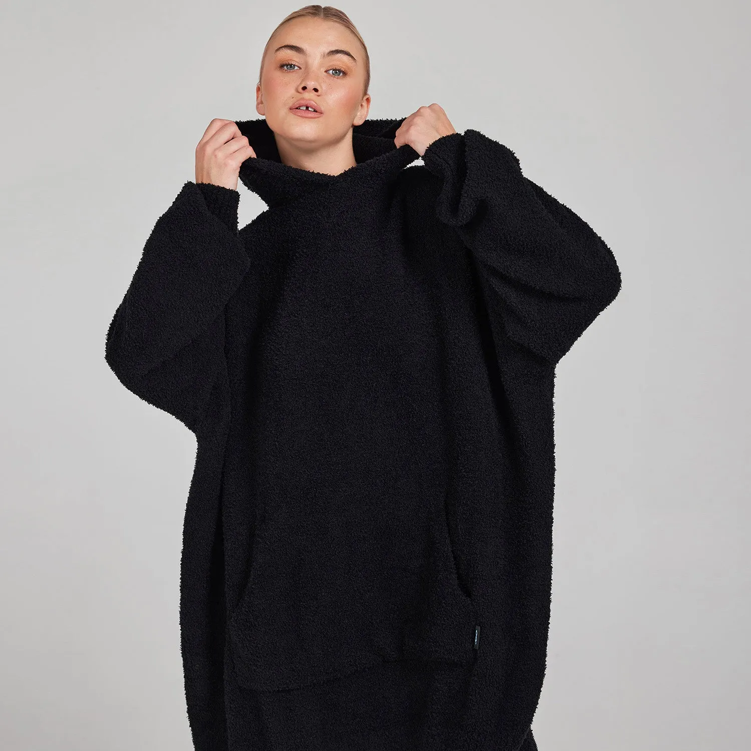 Black Oversized Boucle Knit Hoodie