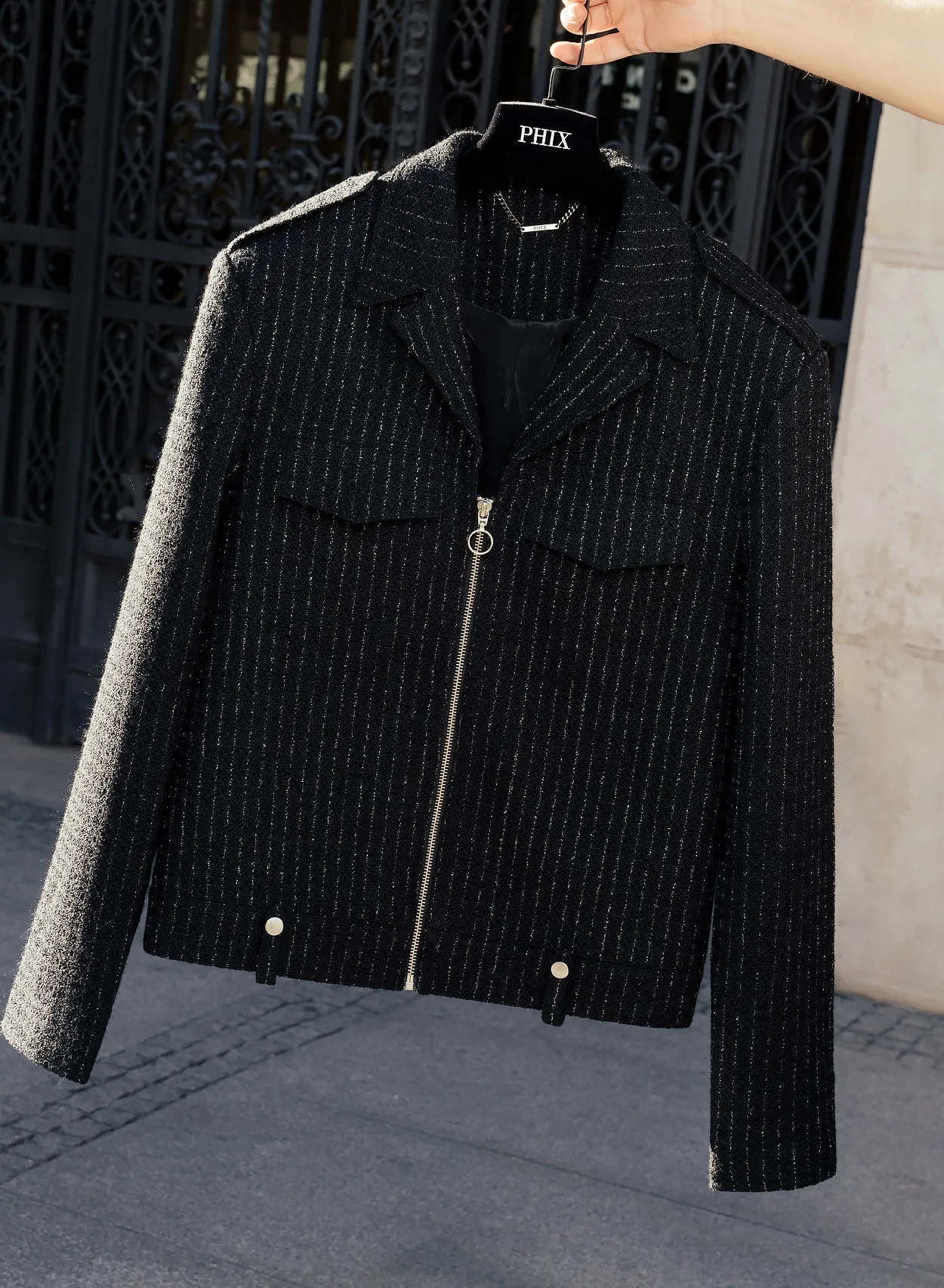 Black Silver Pinstripe Double Pocket Zip Wool Jacket