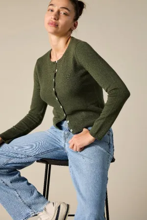 Cashmere Ines Crew Cardigan in Hunter Green