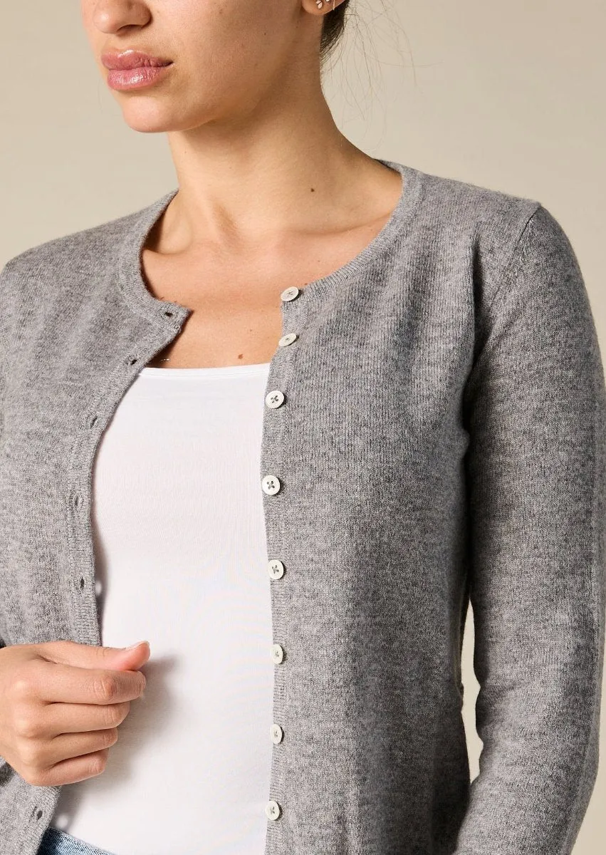 Cashmere Ines Crew Cardigan in Marle Grey