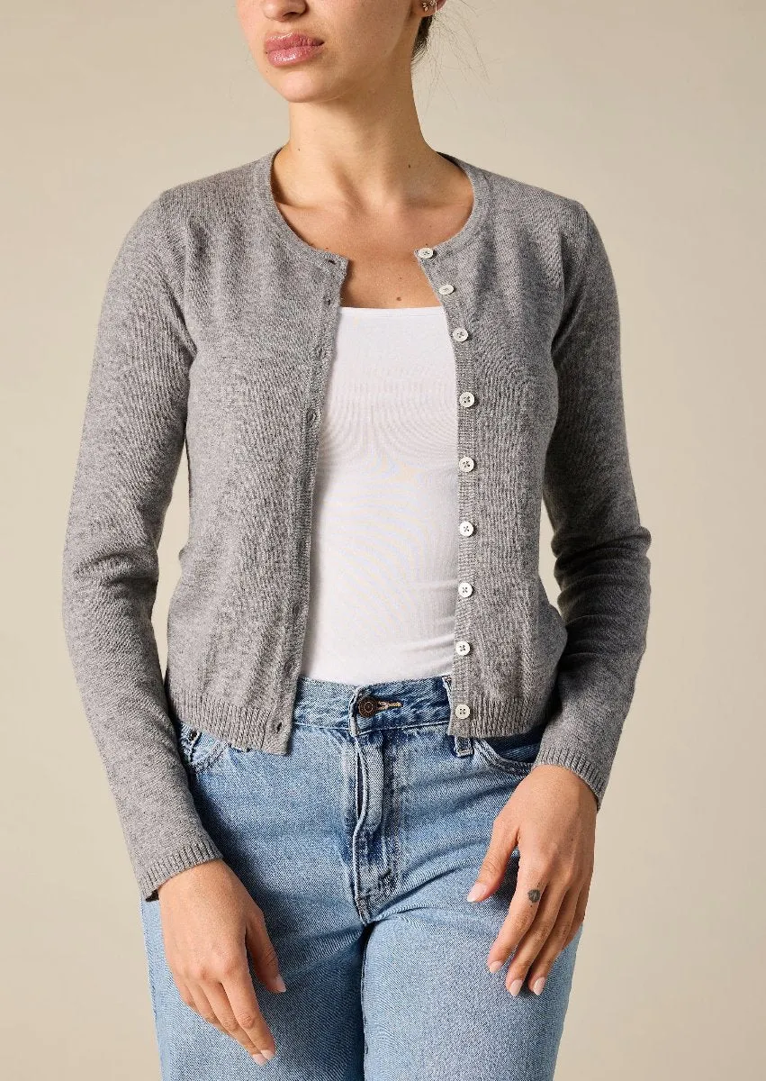 Cashmere Ines Crew Cardigan in Marle Grey