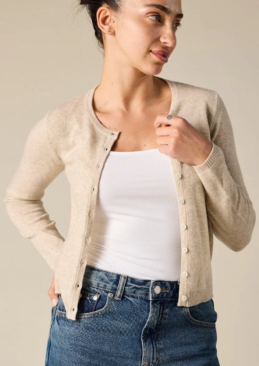 Cashmere Ines Crew Cardigan in Pale Marle Beige