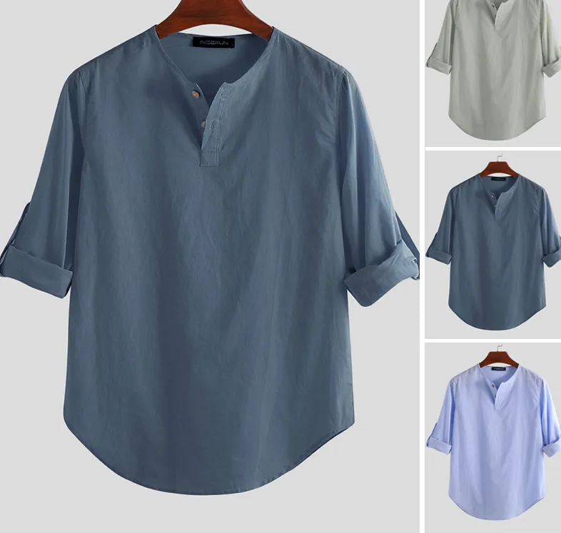 Cotton Solid Basic Men Tops Leisure Casual Shirt