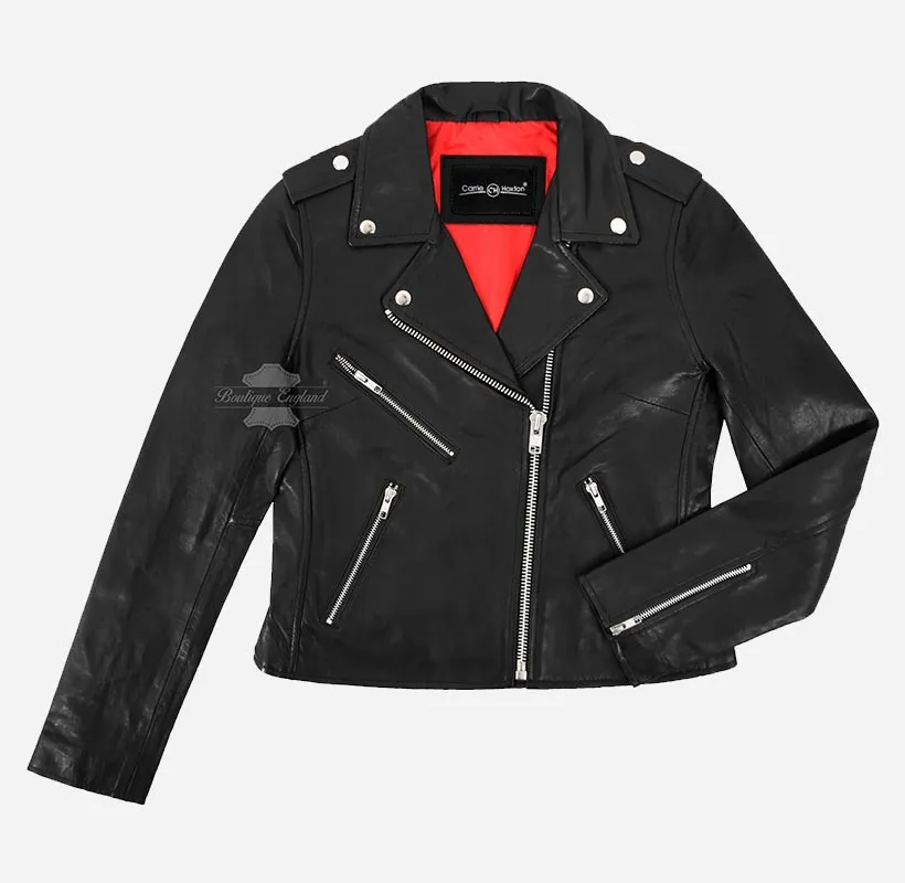 EMILY Women Black Biker Leather Jacket Red Lining