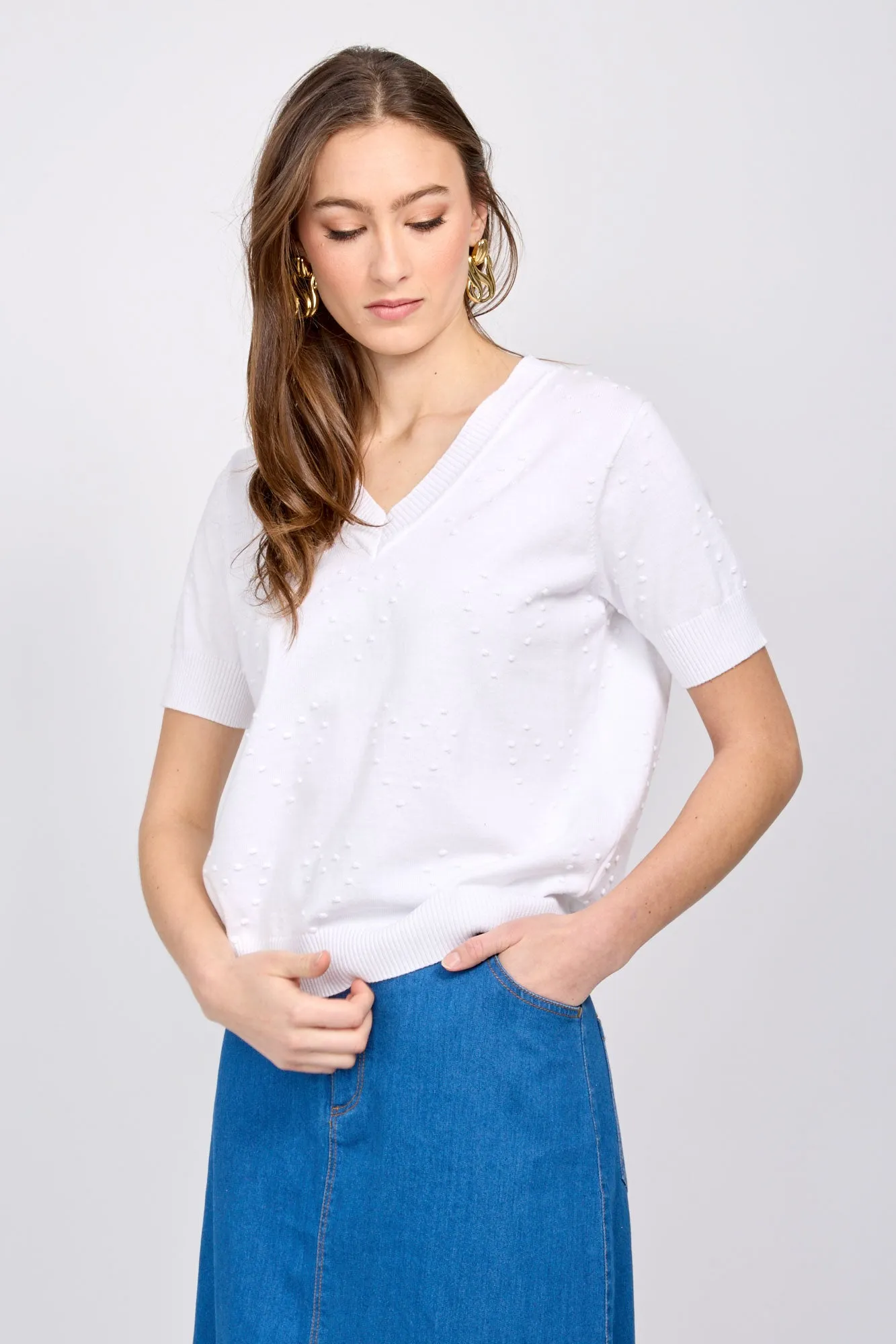 EMPROVED Elbow Sleeve Cotton Sweater in White