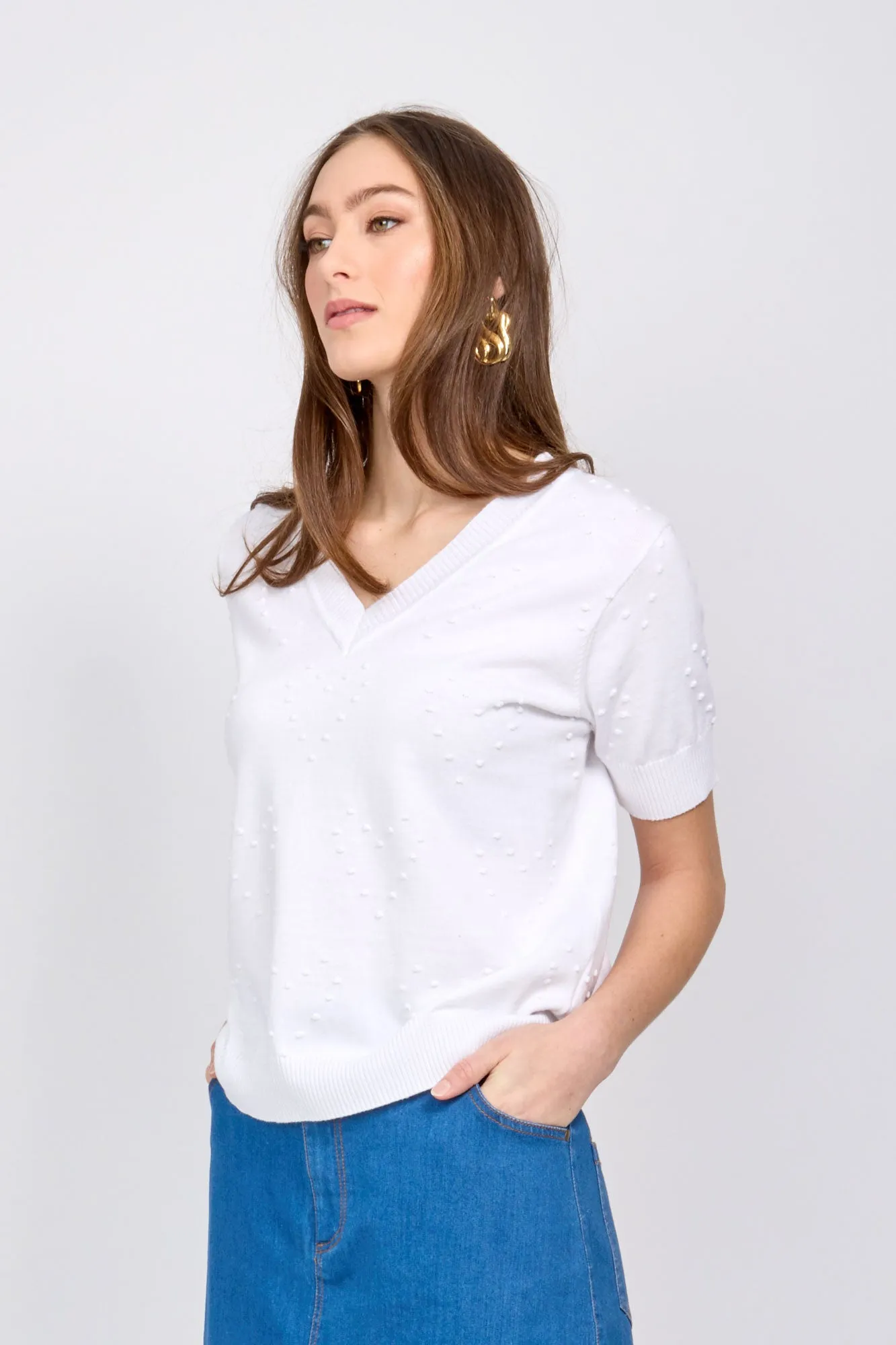 EMPROVED Elbow Sleeve Cotton Sweater in White