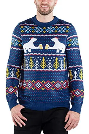 Fair Isle Polar Bear Party with Beer Navy Blue Ugly Christmas Sweater for Men Size S