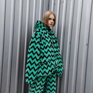 Festival stripe fleece jacket handmade detachable fluffy rave bomber zigzag print faux fur premium geometric top party zebra coat in green