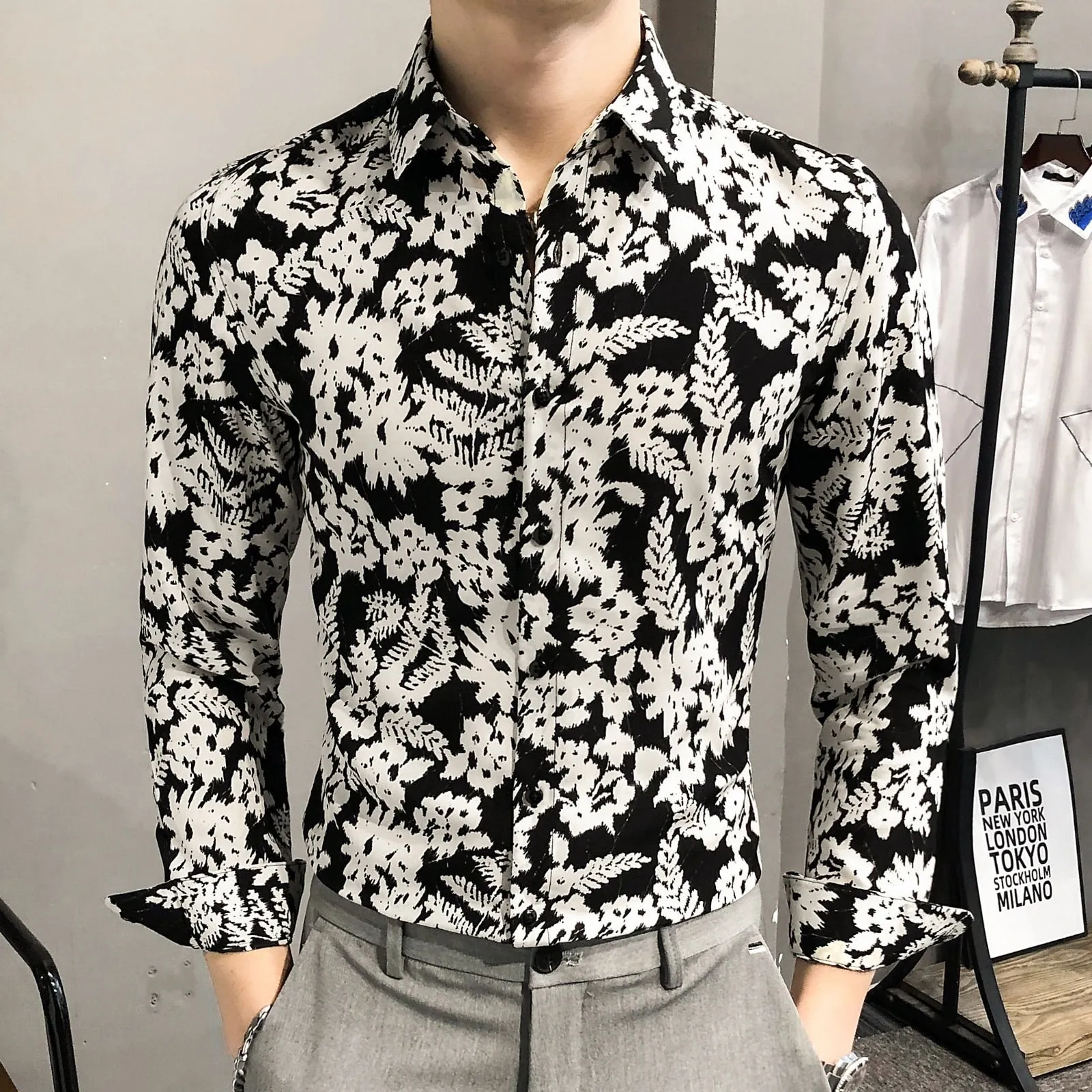 Full Mono Floral Printed Long-Sleeved Shirts