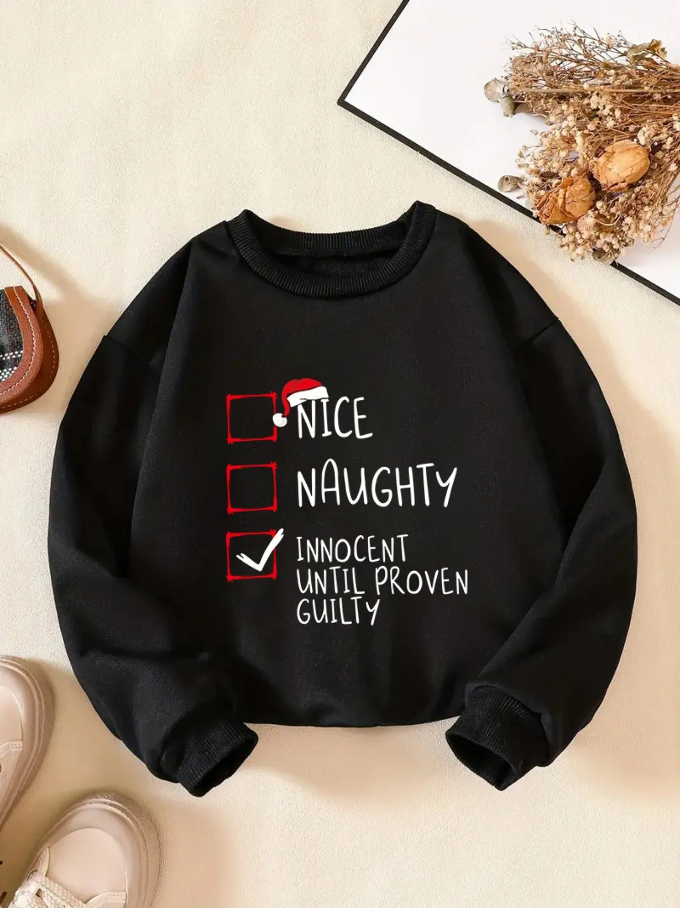 Girls' Festive "Nice & Naughty" Print Long Sleeve Sweatshirts - Soft, Comfy, Versatile, and Casual Winter Tops for Outdoor Activities - Perfect for Fall and Winter Seasons