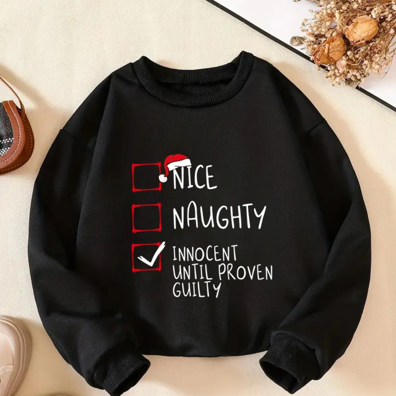 Girls' Festive "Nice & Naughty" Print Long Sleeve Sweatshirts - Soft, Comfy, Versatile, and Casual Winter Tops for Outdoor Activities - Perfect for Fall and Winter Seasons