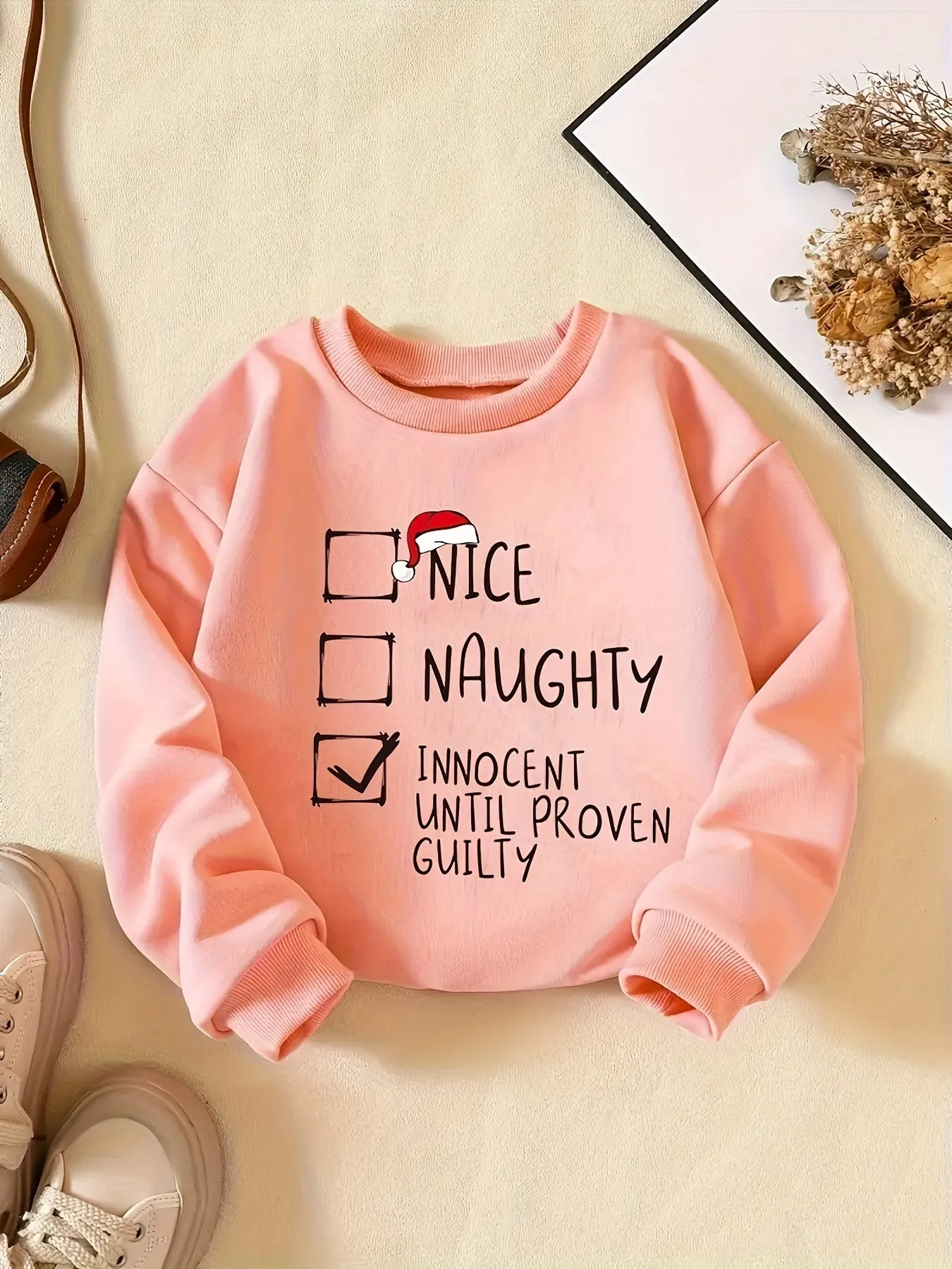 Girls' Festive "Nice & Naughty" Print Long Sleeve Sweatshirts - Soft, Comfy, Versatile, and Casual Winter Tops for Outdoor Activities - Perfect for Fall and Winter Seasons