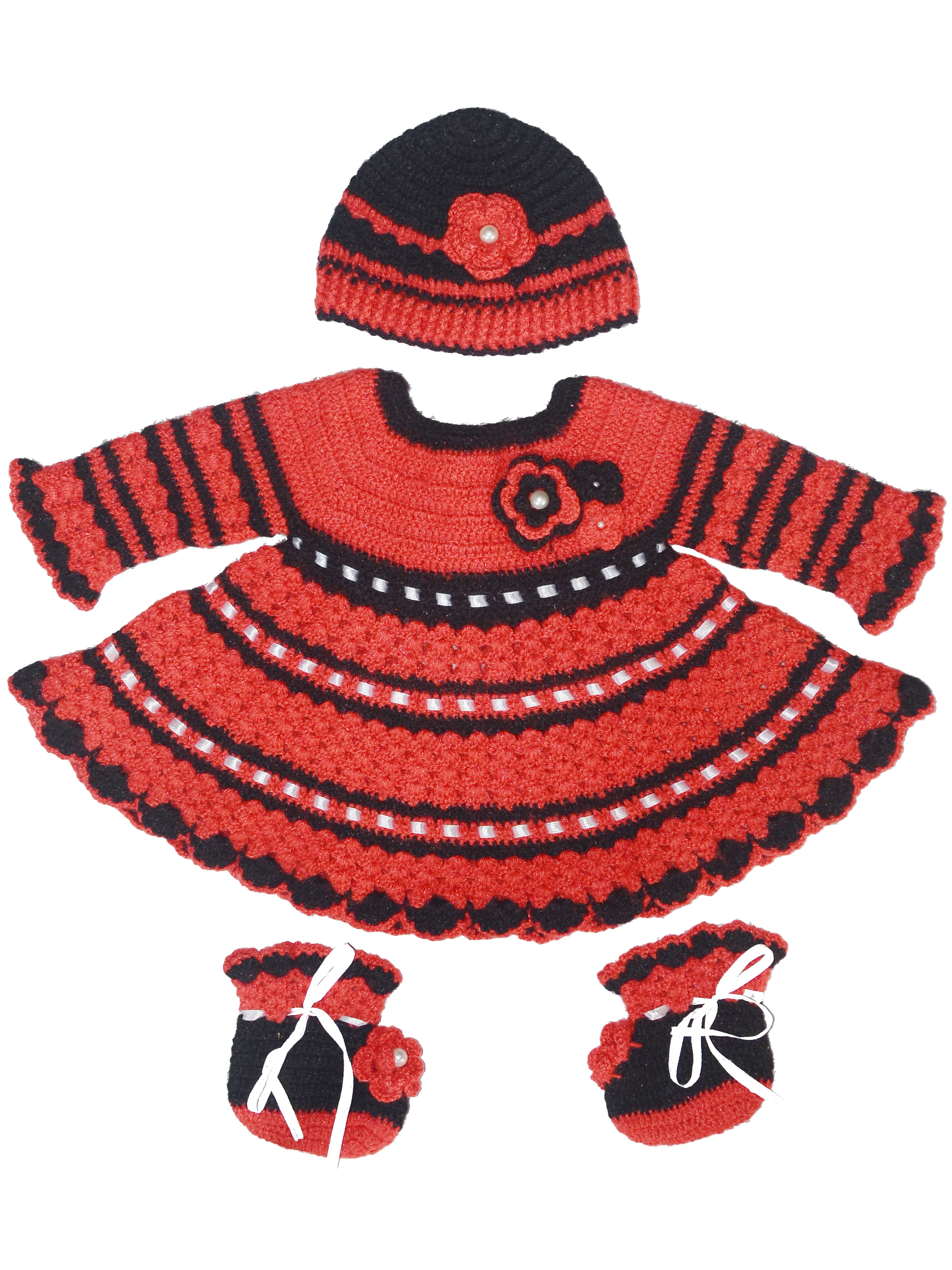 Graminarts Handmade Full Sleeve Crochet Design Frock With Cap & Booties- Tomato