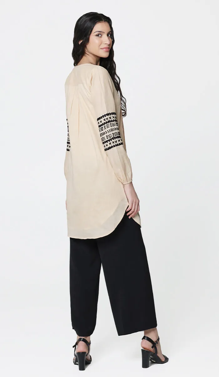 Hadiza Embroidered Cotton Modest Tunic - Apricot