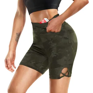 High Waist Camo Side Hollow Inner Pocket Gym Shorts