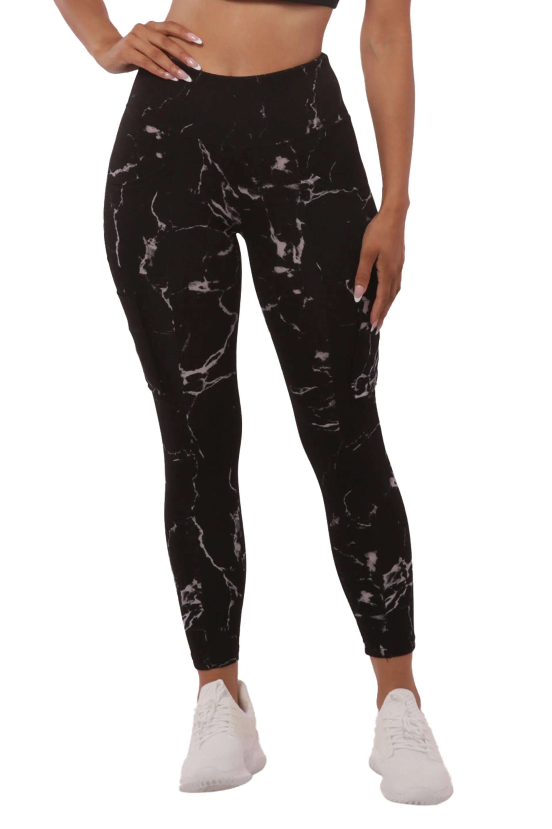 High Waist Sports Leggings With Cargo Pockets - Black & Gray Marble