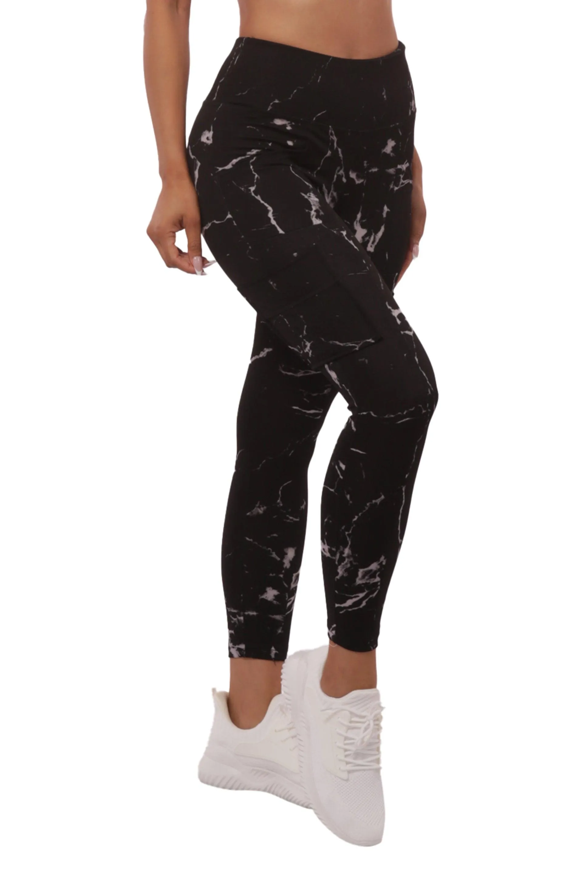 High Waist Sports Leggings With Cargo Pockets - Black & Gray Marble