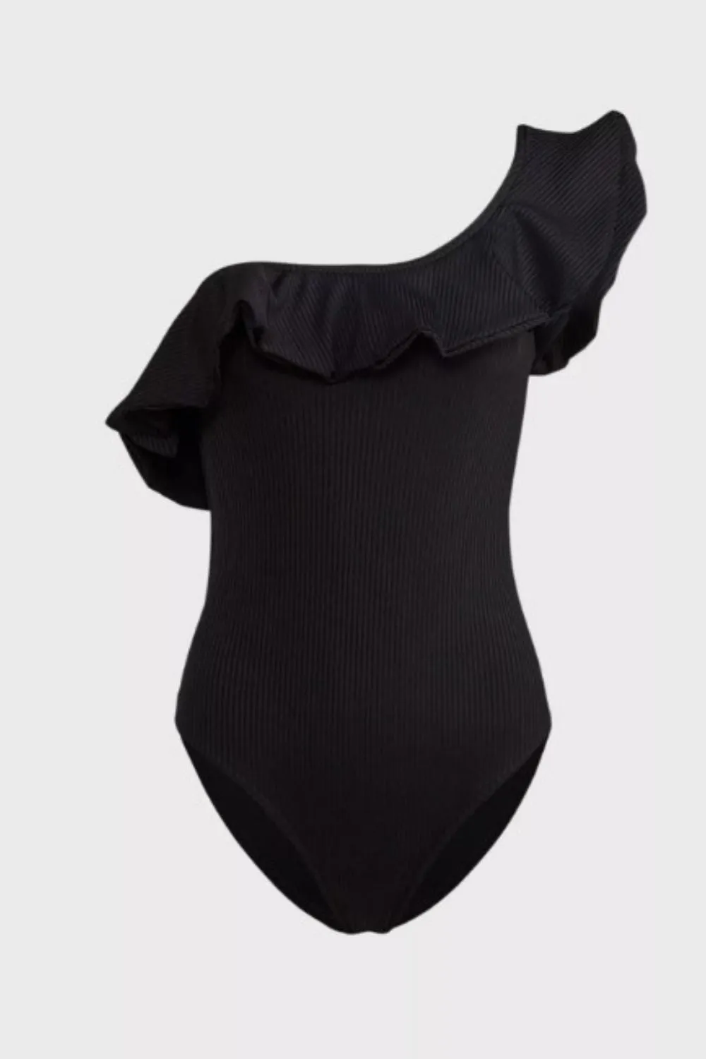 Honey Asymmetric Shoulder Black Ruffled Body Suit