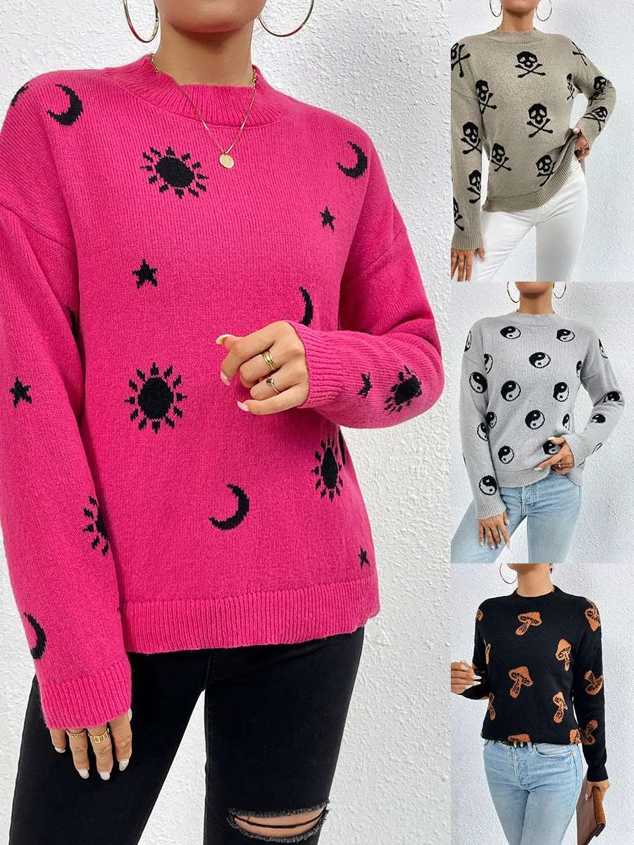 Jacquard Crewneck Pullover Knitted Sweaters For Women