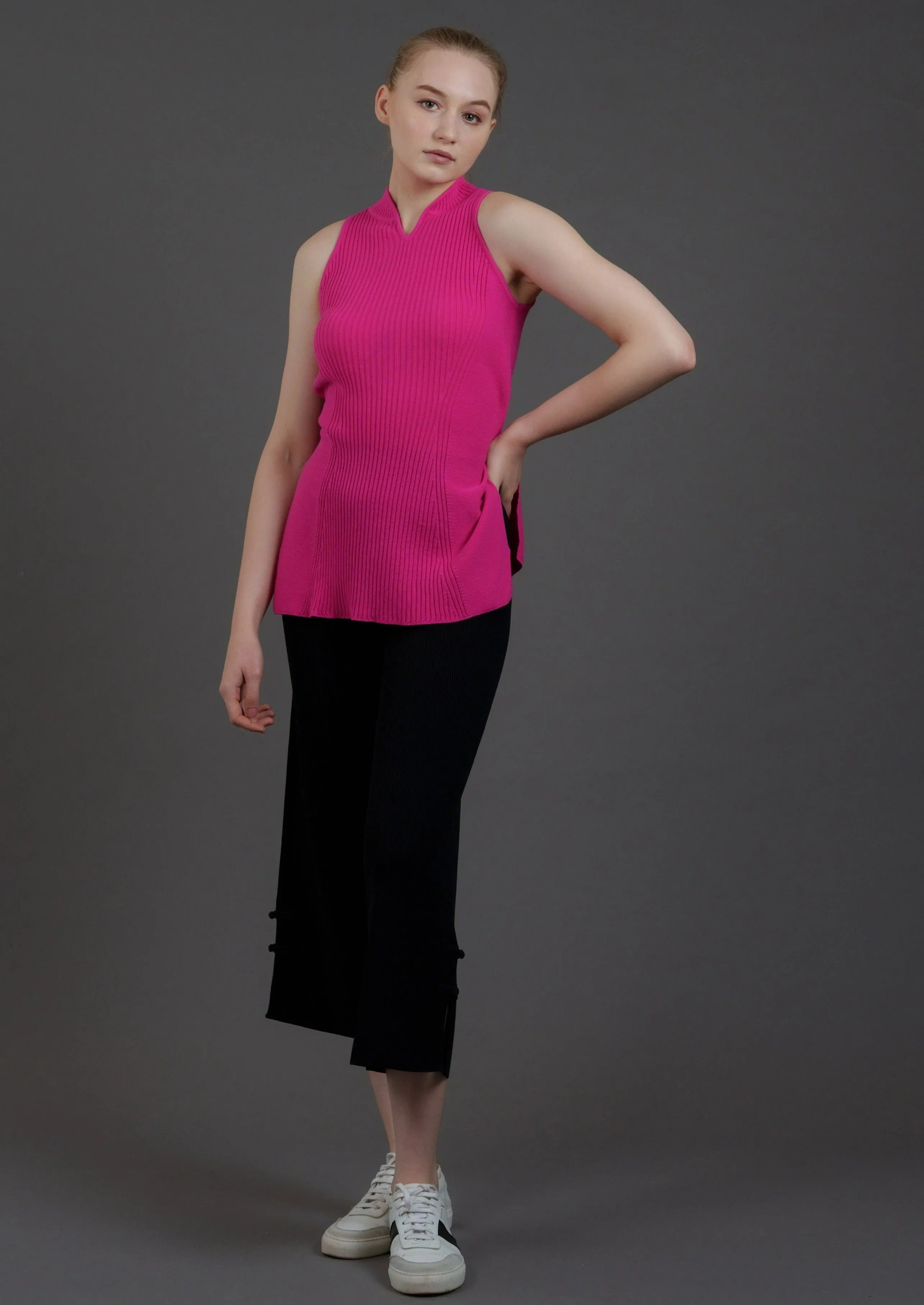 Knitted Qipao Tunic Top (Fuchsia)