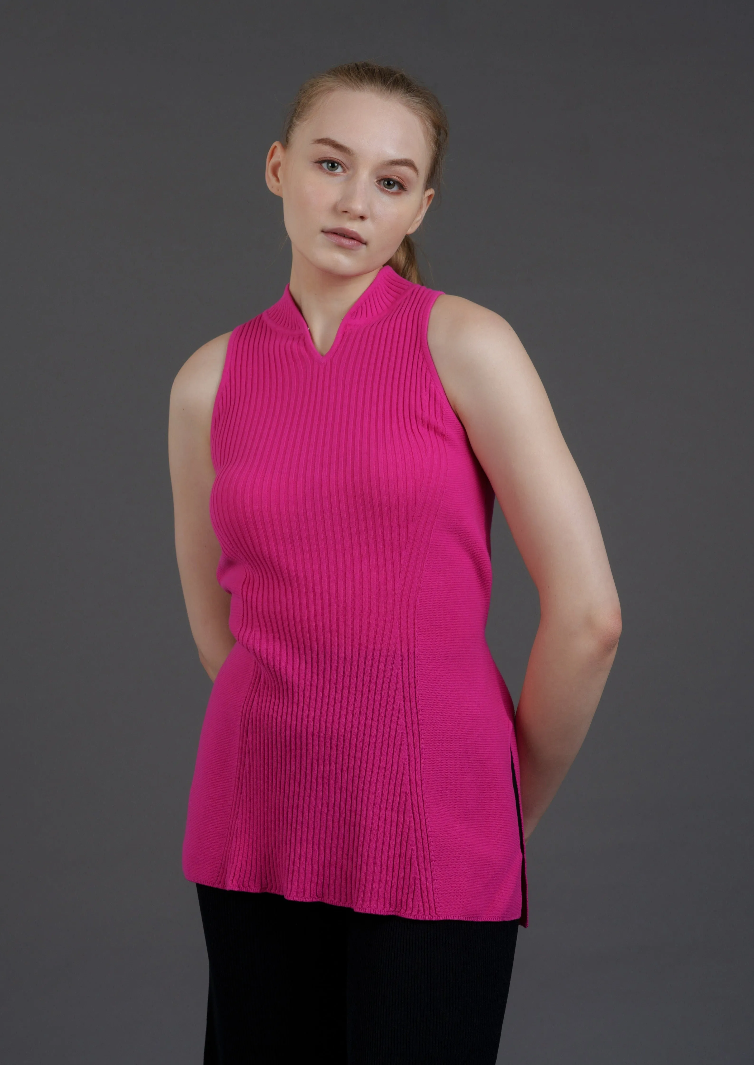 Knitted Qipao Tunic Top (Fuchsia)