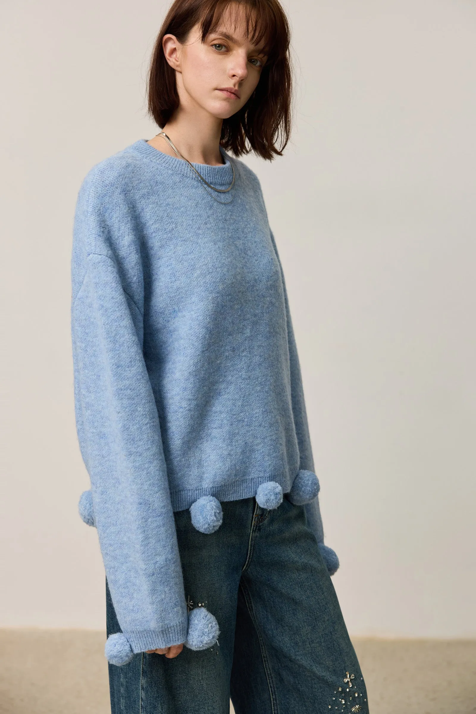 LILY Soft Drop Shoulder Pom-Pom Sweater