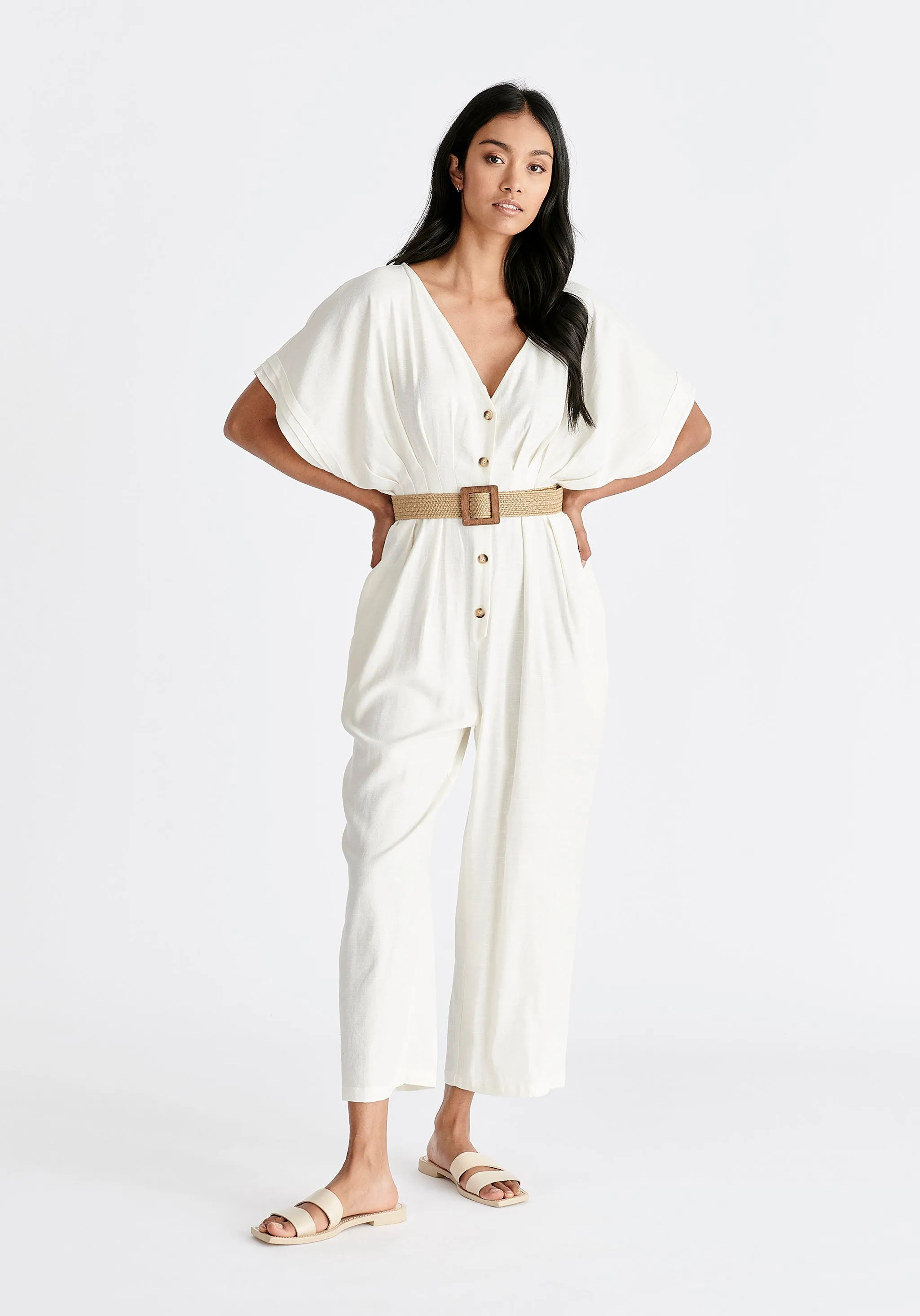 Linen Blend Button Jumpsuit