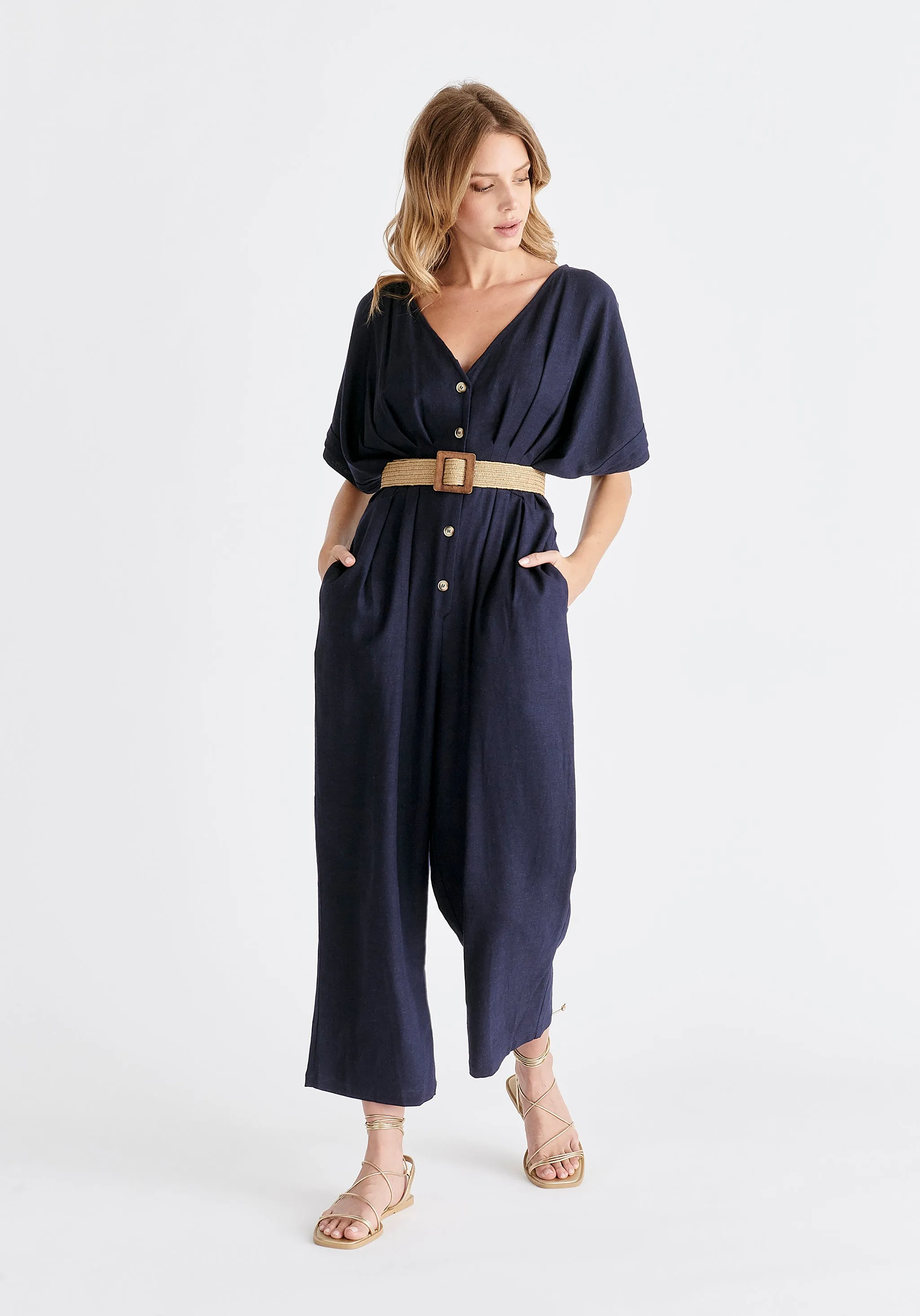 Linen Blend Button Jumpsuit