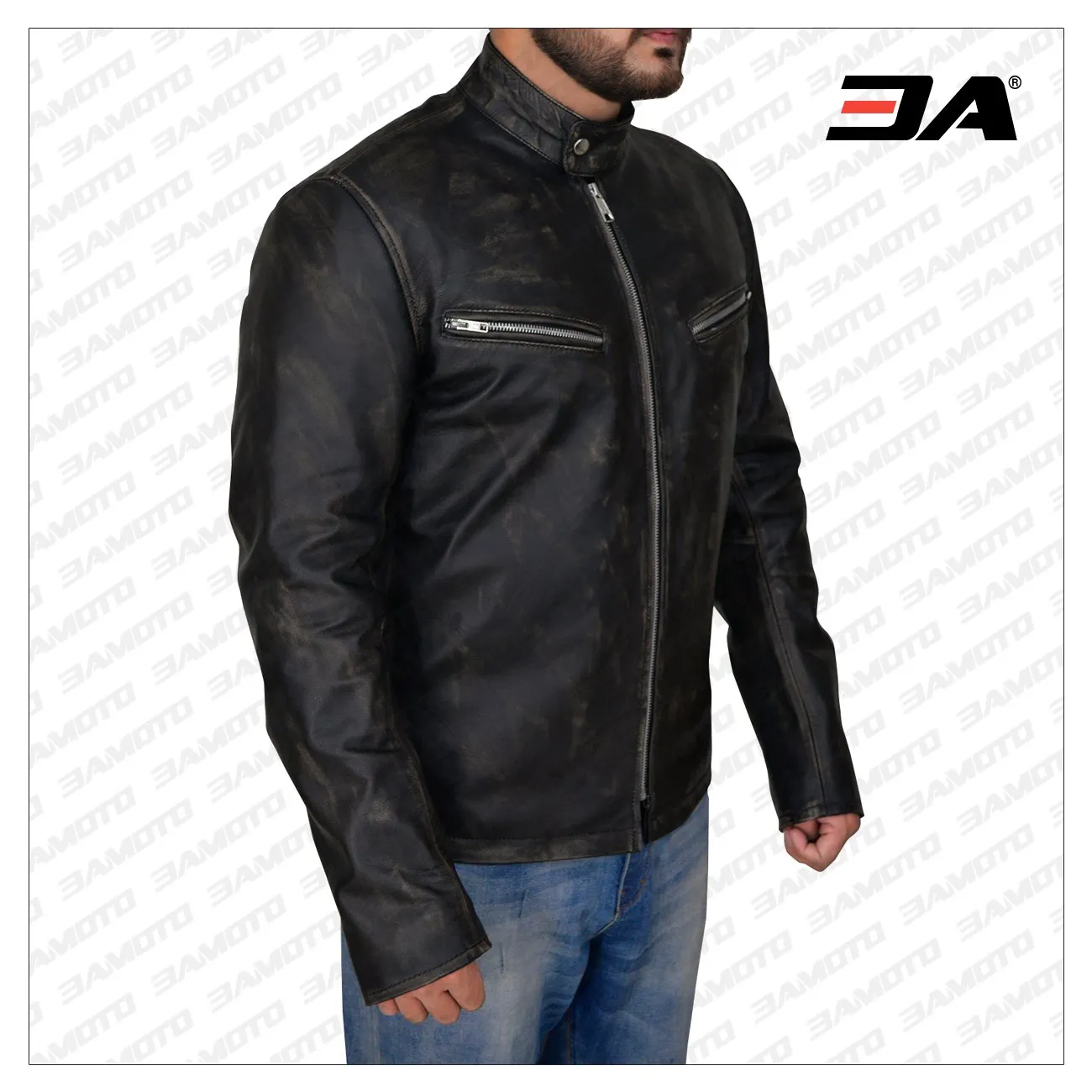 Men Distressed Black Cafe Racer Jacket