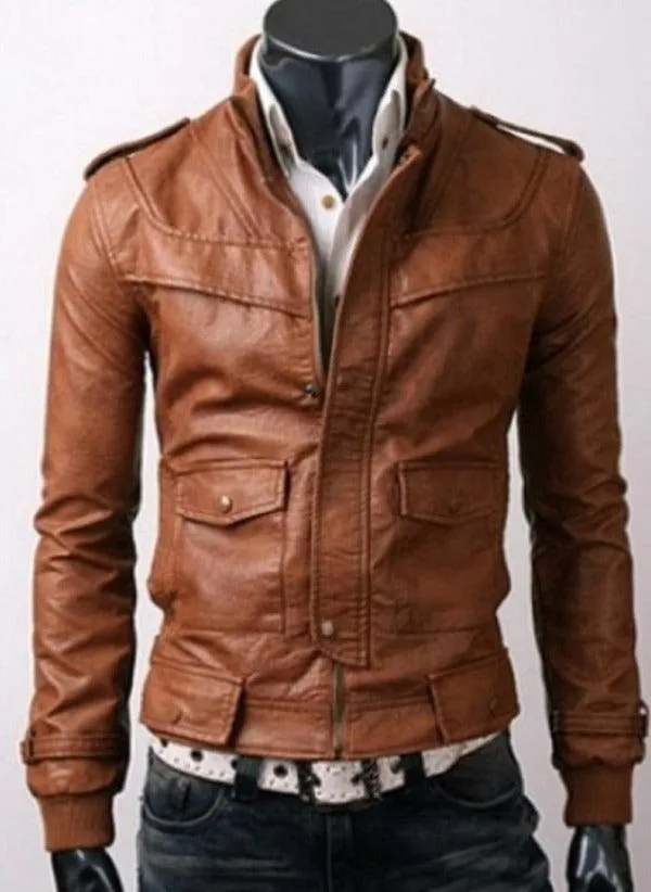 Men Slimfit Stylish Tan Brown Leather Jacket