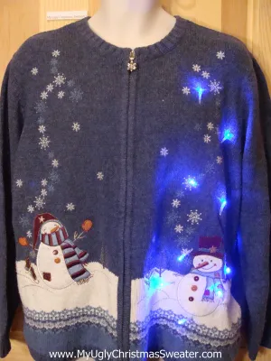 Need to Buy Christmas Sweaters? Blue Light Up Sweater with Snowmen