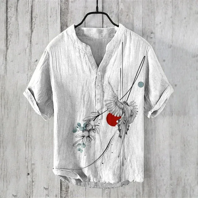 New 2024 summer fashion Retro Man Casual v-neck Shirt short Sleeve Band Collar Henley Shirt art illustration print Tops