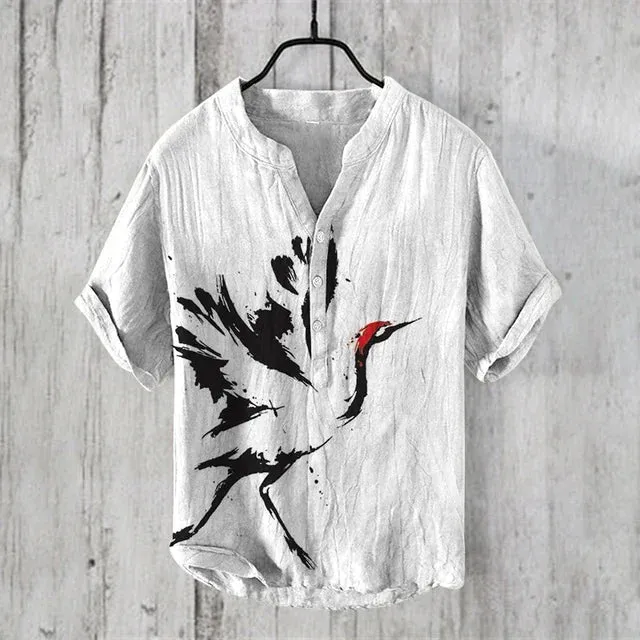 New 2024 summer fashion Retro Man Casual v-neck Shirt short Sleeve Band Collar Henley Shirt art illustration print Tops