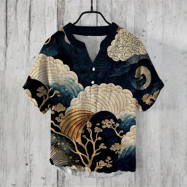 New 2024 summer fashion Retro Man Casual v-neck Shirt short Sleeve Band Collar Henley Shirt art illustration print Tops