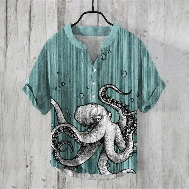 New 2024 summer fashion Retro Man Casual v-neck Shirt short Sleeve Band Collar Henley Shirt art illustration print Tops