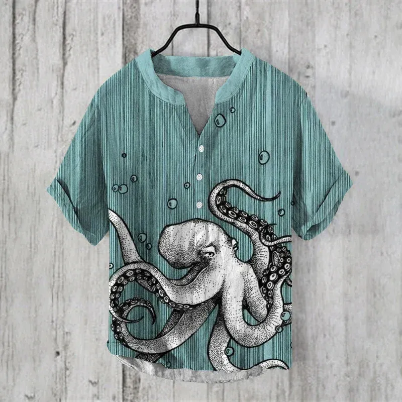 New 2024 summer fashion Retro Man Casual v-neck Shirt short Sleeve Band Collar Henley Shirt art illustration print Tops