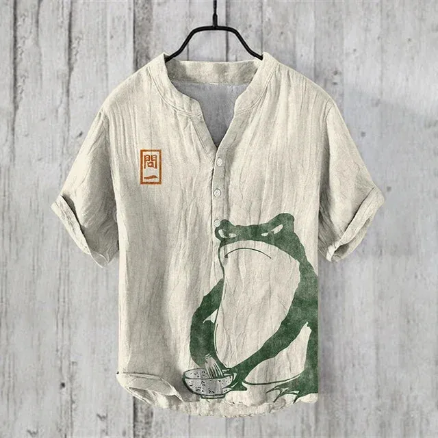 New 2024 summer fashion Retro Man Casual v-neck Shirt short Sleeve Band Collar Henley Shirt art illustration print Tops