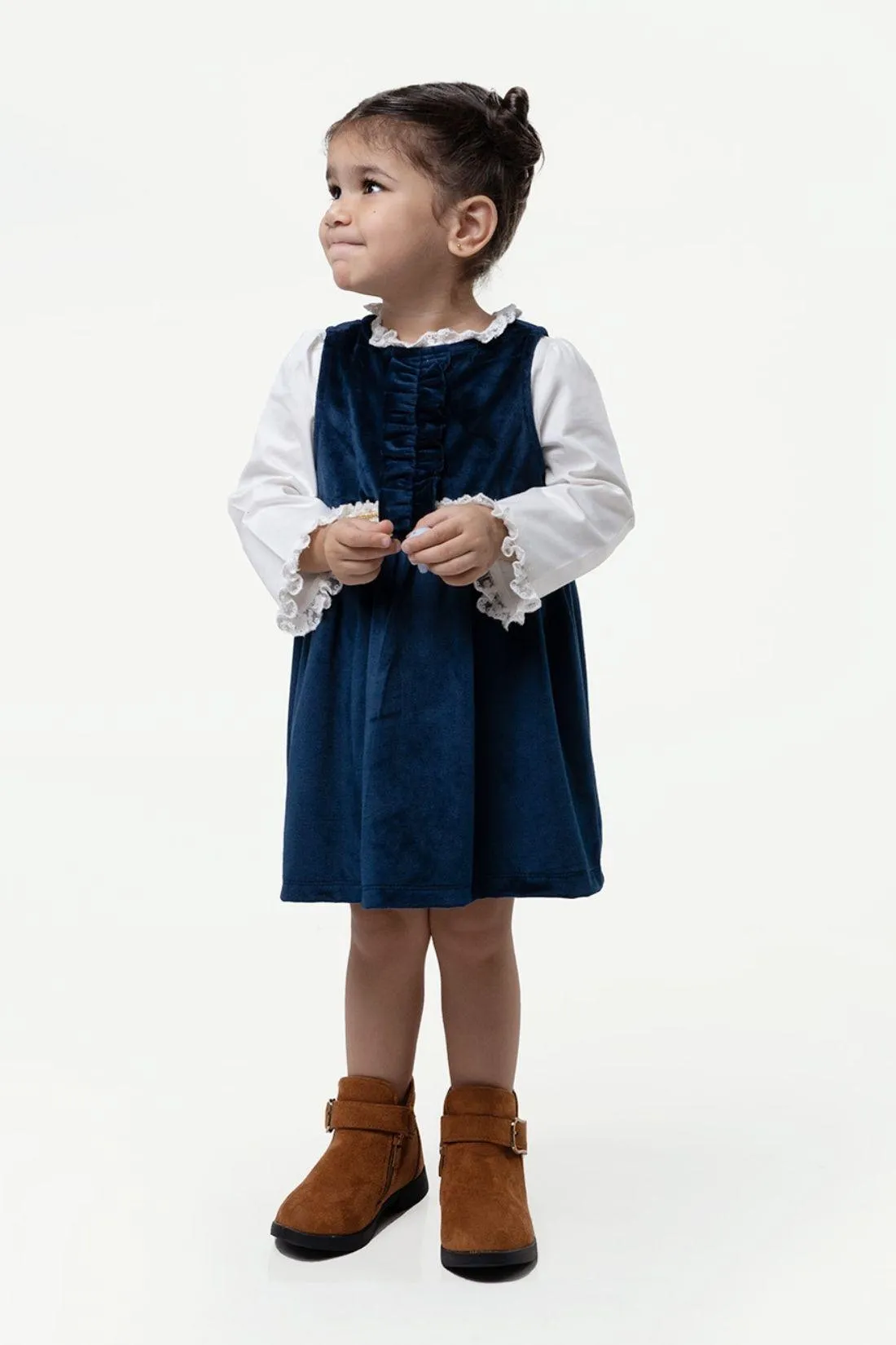 One Friday Baby Girls Navy Blue Round Neck Dress With Top