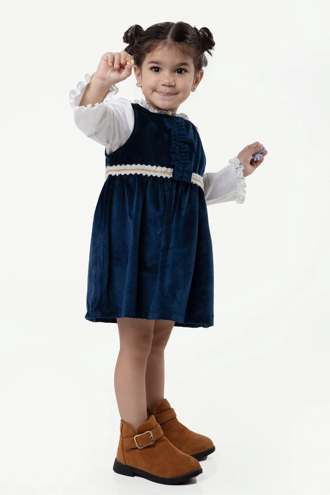 One Friday Baby Girls Navy Blue Round Neck Dress With Top