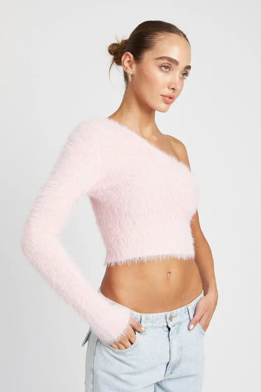 One shoulder fluffy crop sweater