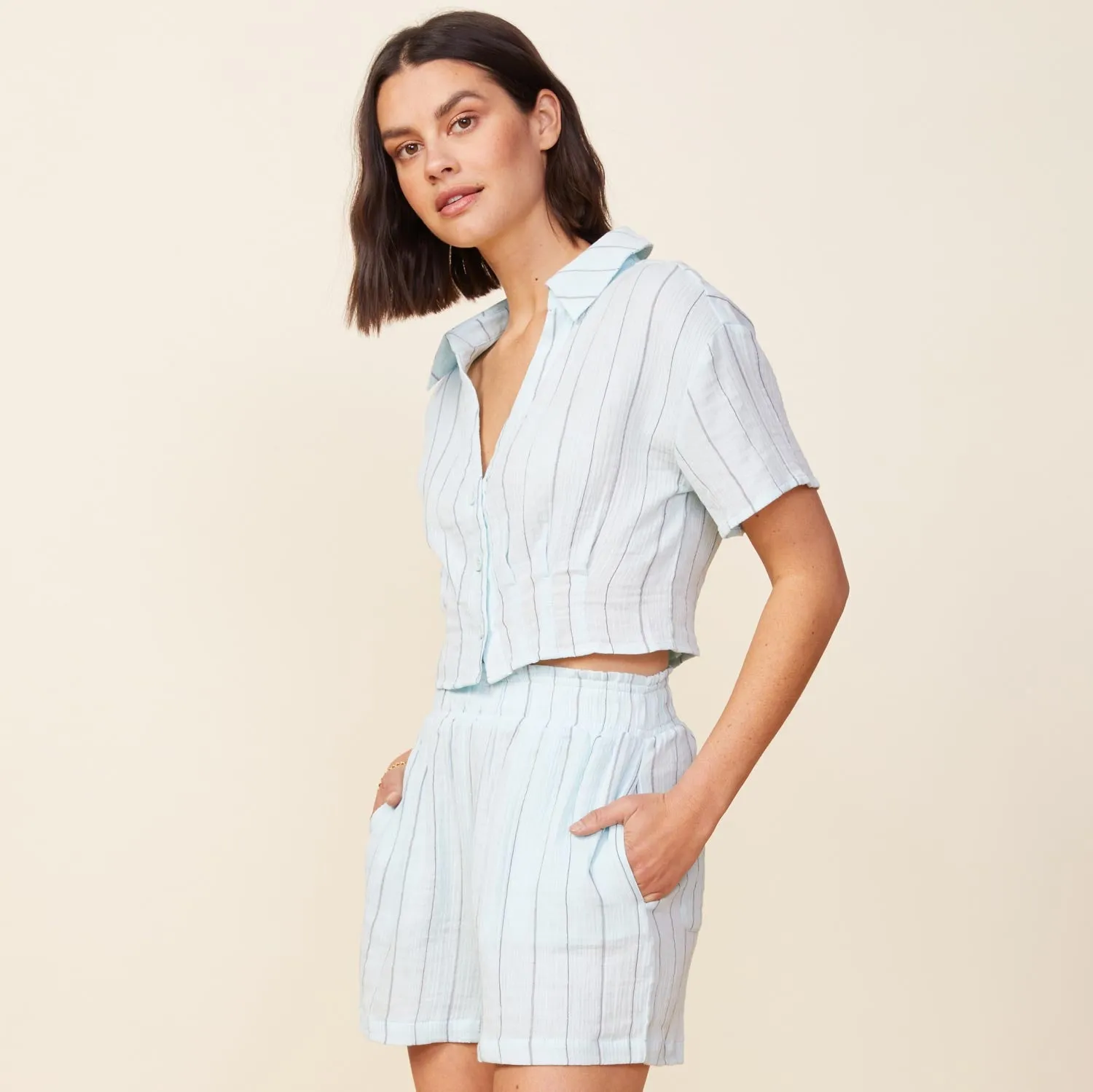 Pinstripe Gauze Cropped Short Sleeve