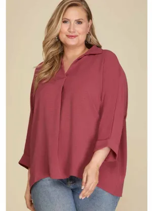 Plus Collared Woven Top in Dusty Mauve by She   Sky