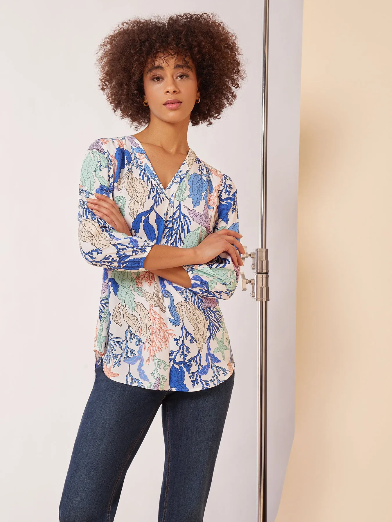 Plus Size Printed V-Neck Pleated Kelly Blouse