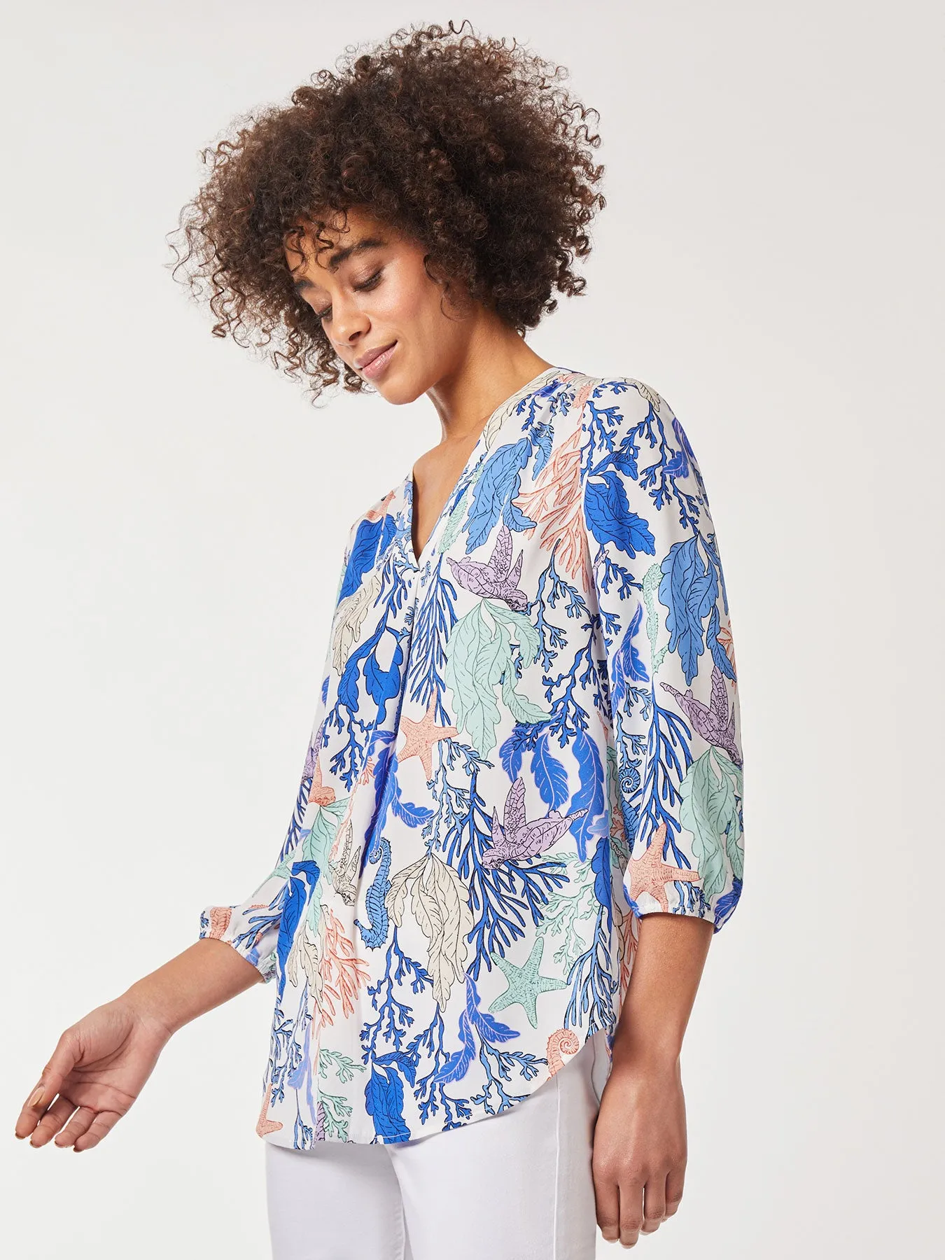 Plus Size Printed V-Neck Pleated Kelly Blouse